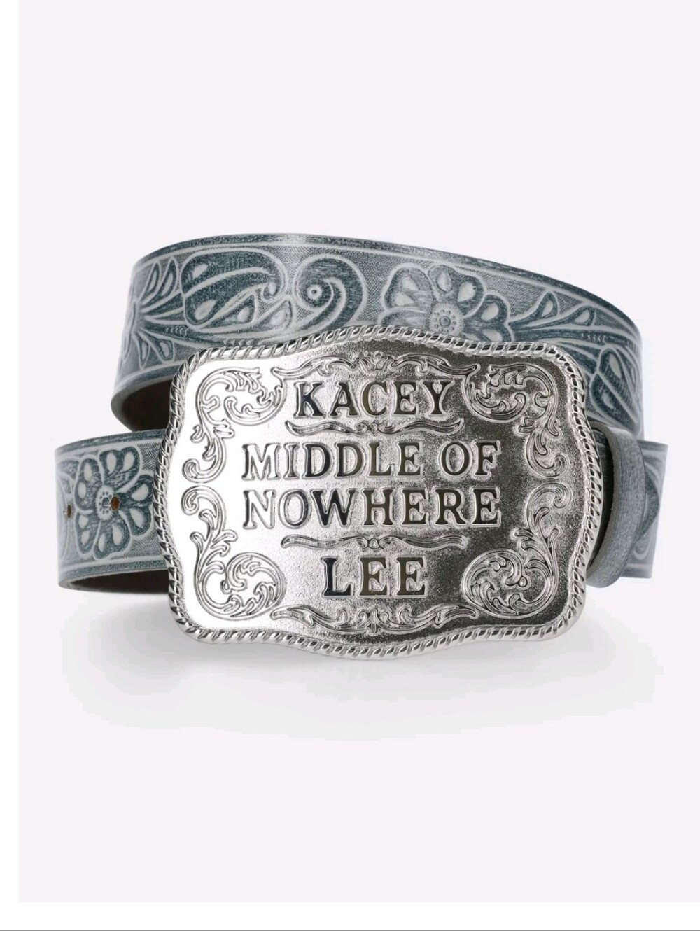 Kacey Lee "Middle Of Nowhere" Blue Leather Belt With Silver Buckle S/M